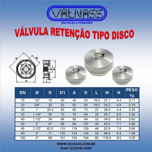 Válvula retenção tipo disco Válvula retenção tipo disco
